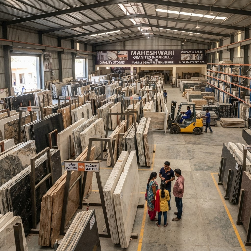 R.C. Bansal & Co. stone warehouse with marble and granite slabs on display